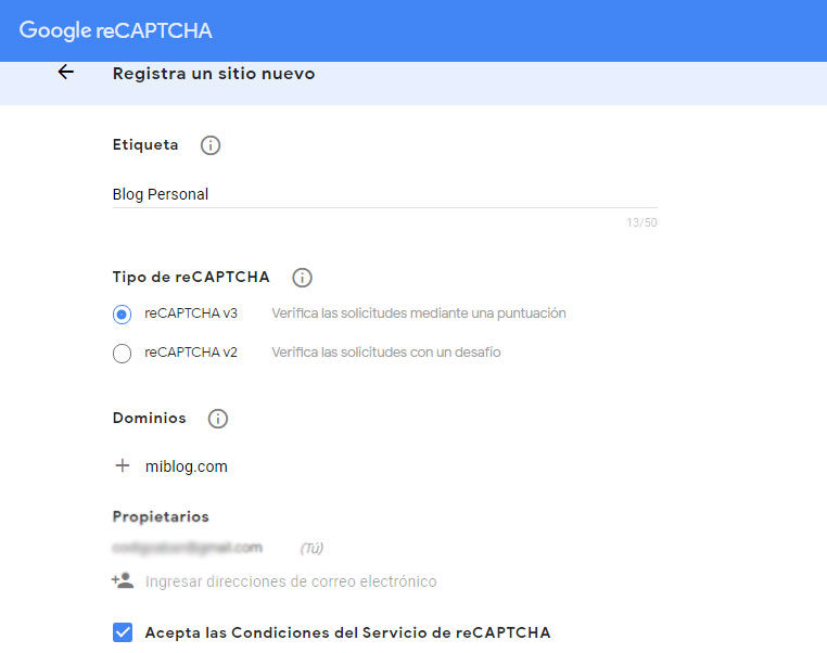 Crear claves secretas recaptcha