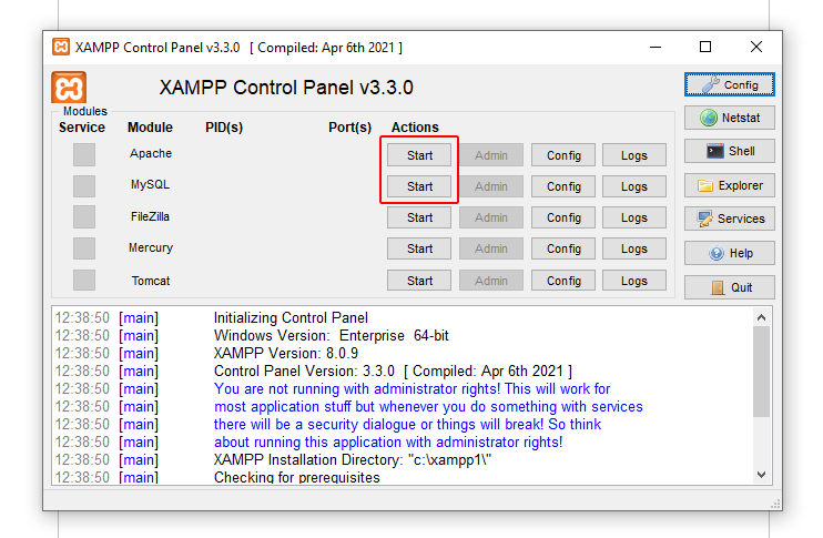 iniciar servidor apache xampp